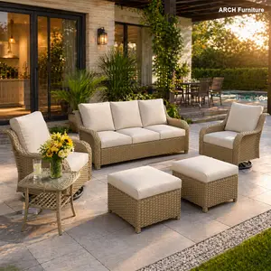 ARCH JB Yellow 6-Piece All-Weather PE Wicker Patio Conversation Set - 3-Seater Sofa, 2 Swivel Rocker Chairs, 2 Footstools, 1 Table, Outdoor Wicker Furniture Set