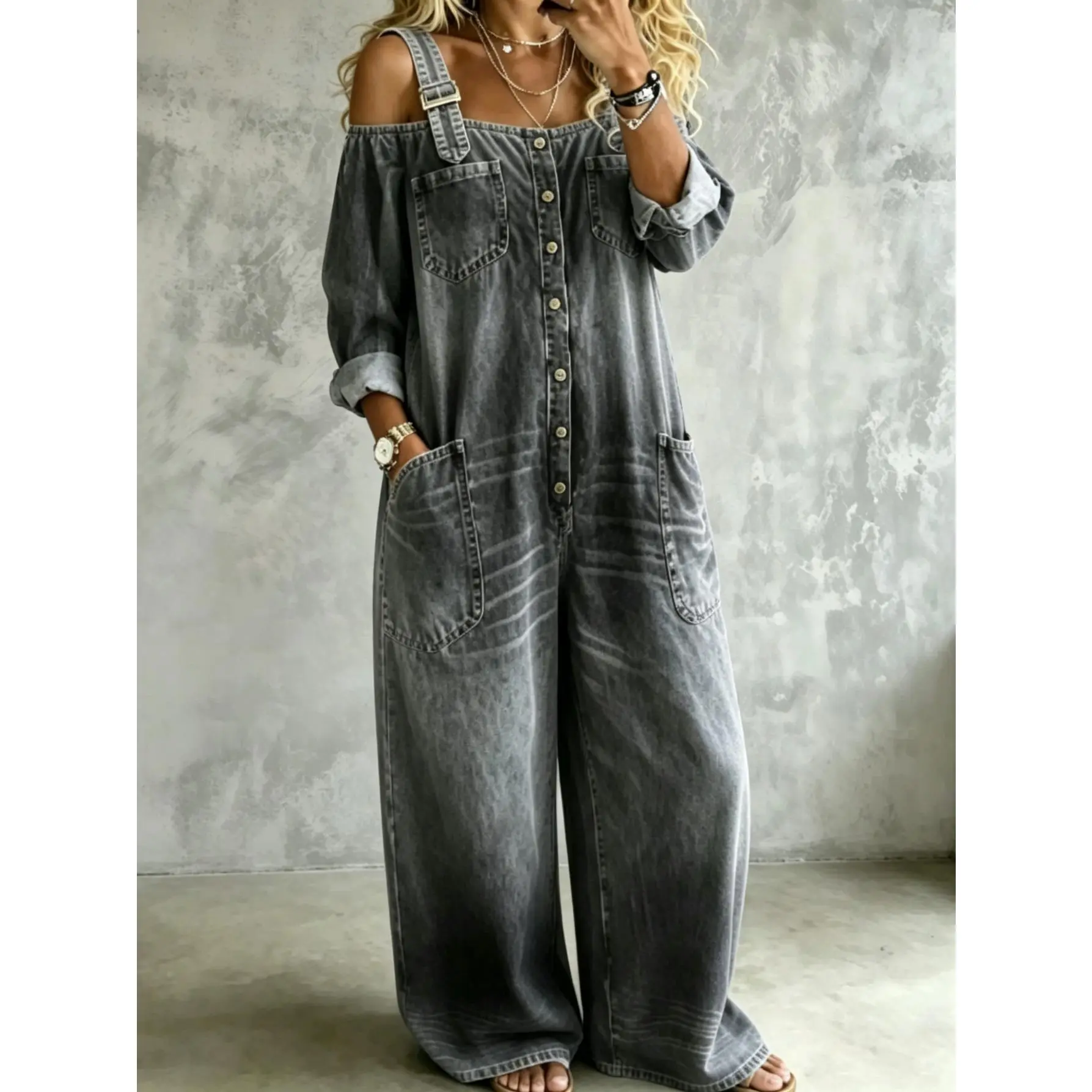Women Quiet Luxury Vintage Denim Jumpsuit Off Shoulder Adjustable Buckle Straps Roll Up Sleeve Button Front Loose Wide Leg Overalls with Pockets European American Utility Casual One Piece Outfit For Daily Vacation
