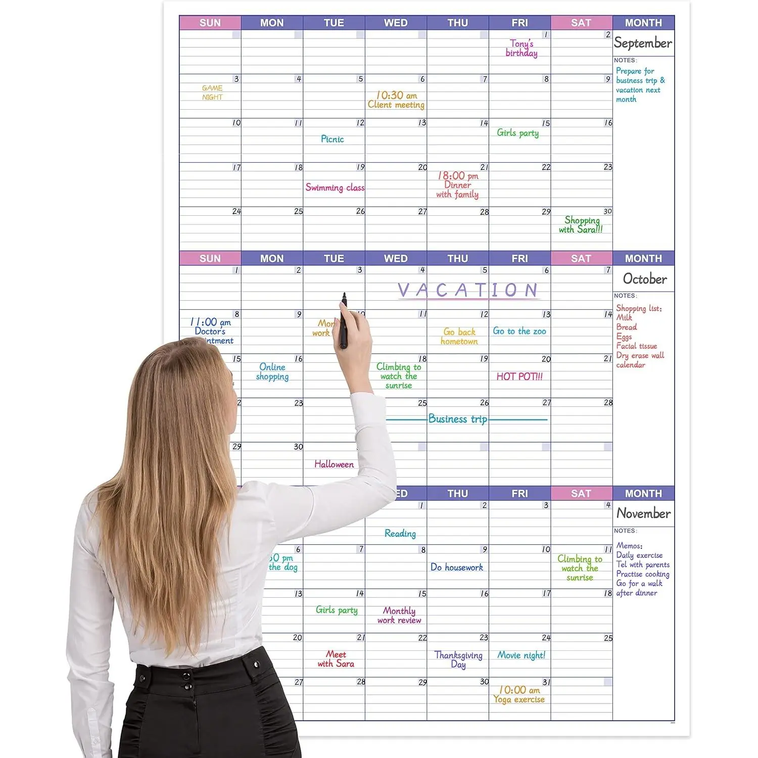 Large Dry Erase Wall Calendar - Undated 3 Month (Customized Months), 27.7''x40'' Vertical Laminated White Board with 8 Round Stickers, Durable & Erasable Film, Never Out of Date for Office, Classroom, School