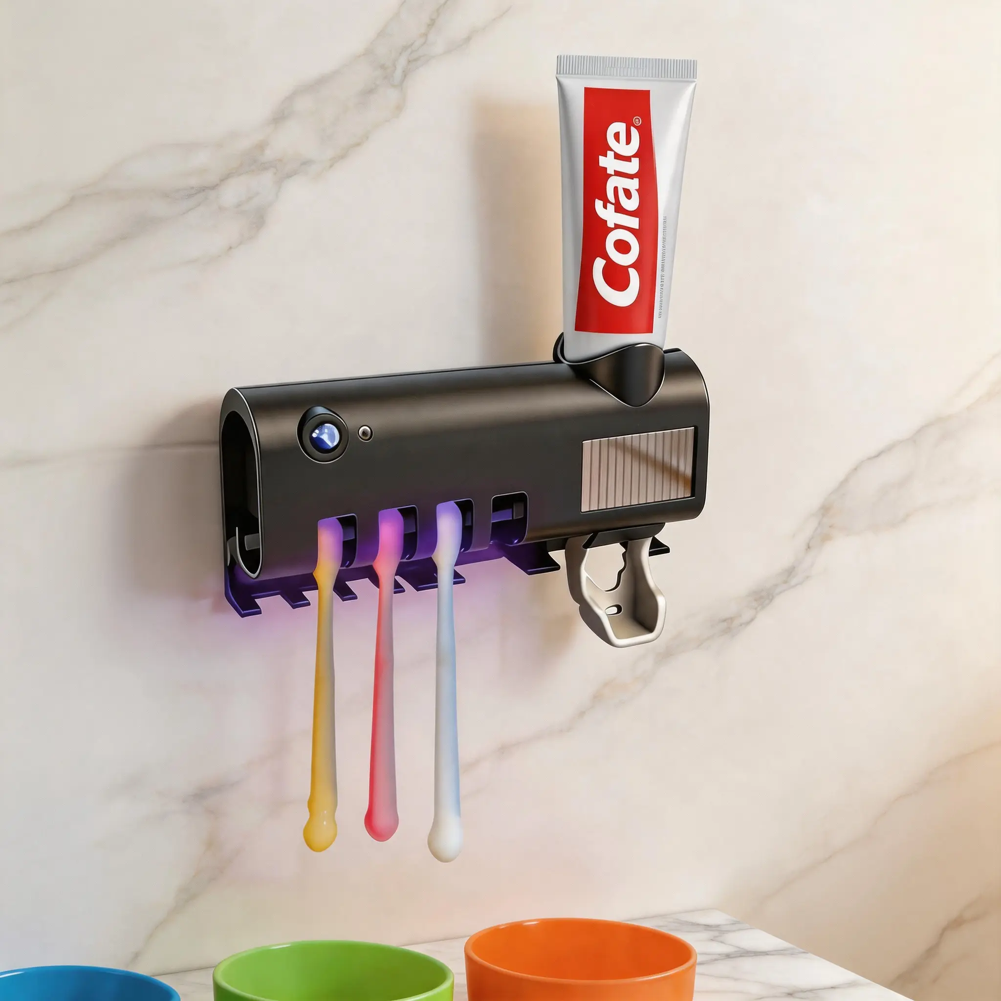 ABS Wall-Mounted Toothbrush Holder - Compact Combined Drill-Free Self-Adhesive Mount Organizer with UV Sanitizer, Integrated Toothpaste Dispenser, Cordless Smart Modern Durable, Box Packaging for Apartments, Small Bathrooms