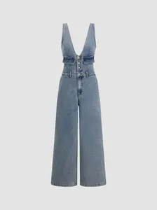 Cider Denim V-neck Knotted Wide Leg Jumpsuit Curve & Plus