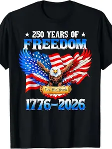 250 Years American Flag 250th Anniversary T-Shirt| Casual Wear, Pattern Print Crew Neck, Short Sleeve, Perfect for Adult Men, Plus Size