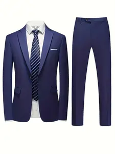 Men'S 2pcs Slim Fit Suit Set with Single Button Jacket and Trousers, Navy Blue, Perfect for Parties, Weddings, and Business Occasions