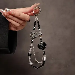 2026 New Luxurious Black Beaded Chain, equipped with short wrist strap and transparent clip. Stylish black heart embroidered ball design, multi-use for phone cases, handbags and keychains.