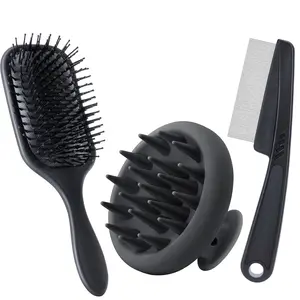 Scalp Massager Hair Brush Set – Silicone Shampoo Scalp Brush, Paddle Detangling Brush & Massage Comb for Hair Growth, Scalp Care, Dandruff Removal, Wet/Dry Hair Hair Care Kit Flea Comb