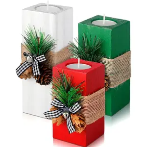 3 Pcs Christmas Candle Holders with Candles Wooden Xmas Candle Holders Decorations Red White Green Votive Wood Candlestick for Christmas Table Centerpiece Xmas Gifts