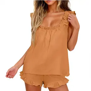 Women Pajama Set Ruffle Trim Sleeveless Top and Shorts Casual Sleepwear Set Loose Fit Soft Breathable Loungewear Pjs Cozy Home Lounge Set Fashionable Lady Short Loungewear Set All Season Comfortable Pajamas Bridal Pajama Gift Regular Wear