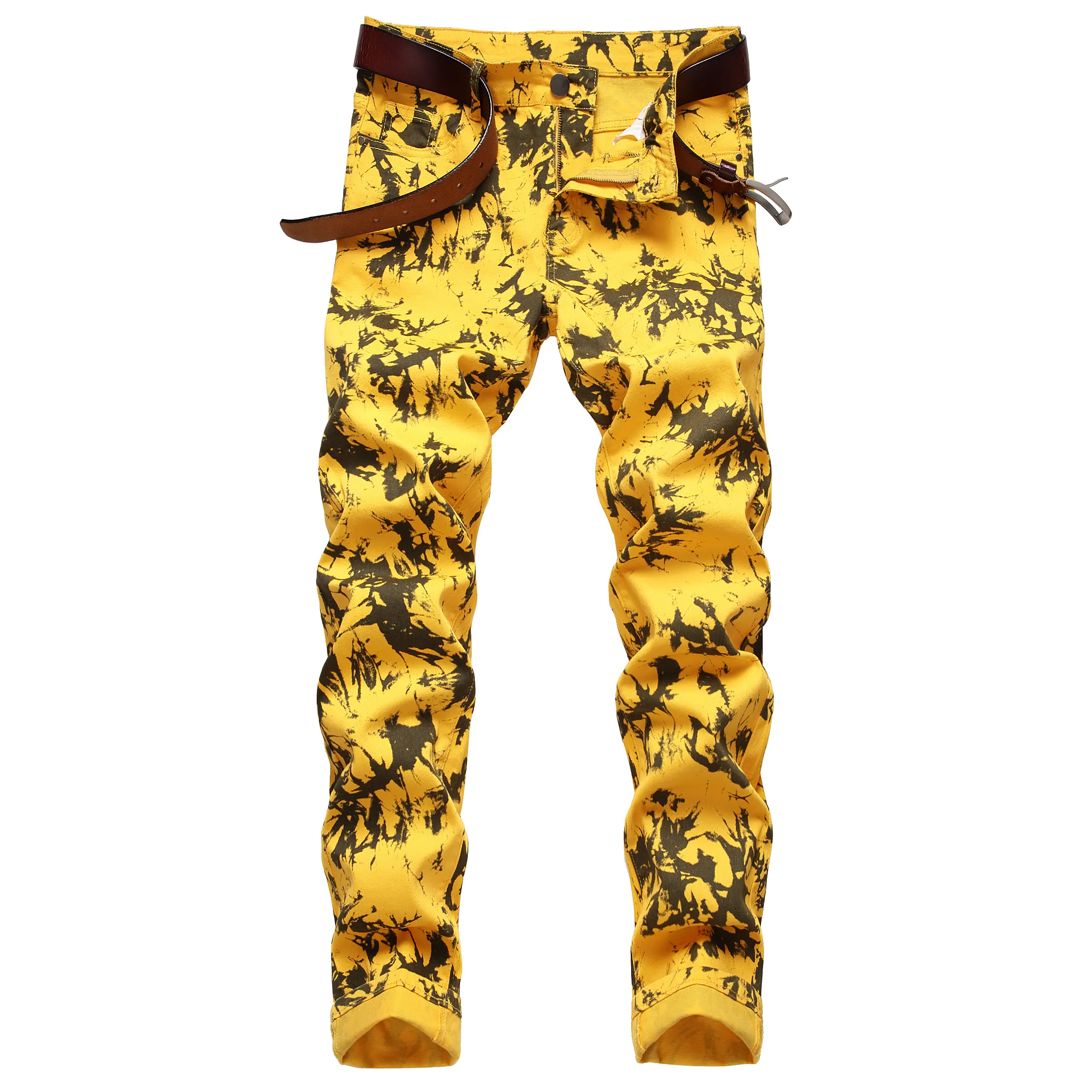 Men’s printed denim casual long pants — allover print, cool yellow print, stretchy slim fit