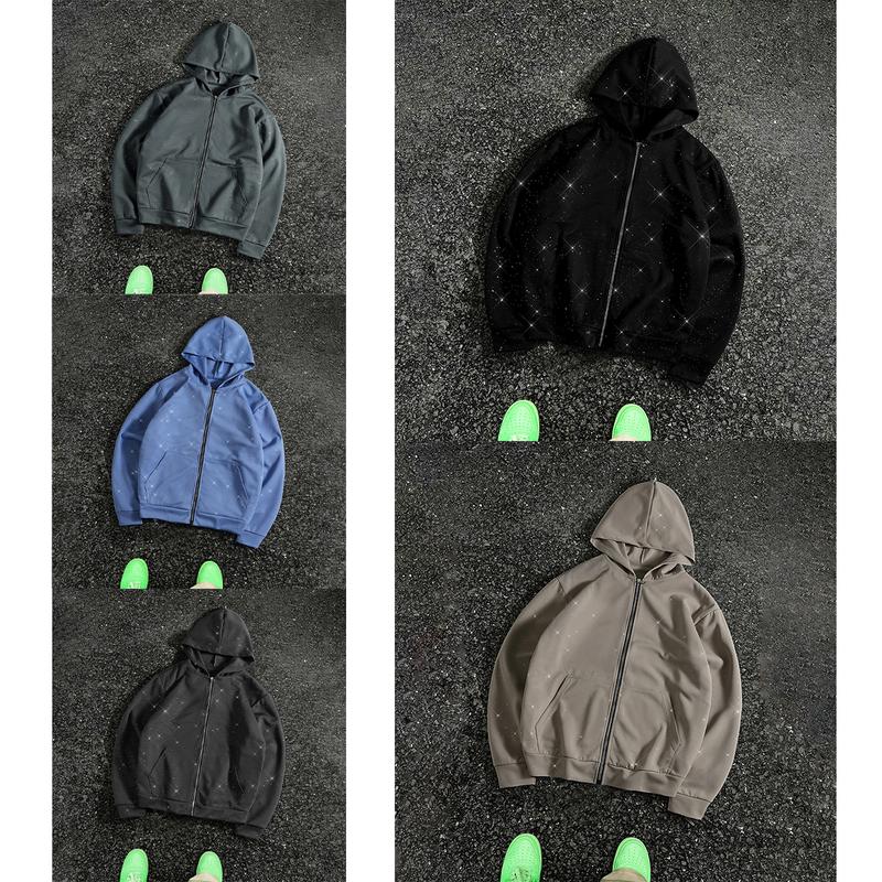 Men's Gypsy star design shiny zipper hooded sweater, soft and skin-friendly fabric, pocket design, street trendy cool style, daily going out on the street, casual commuting adaptation, personalized trend couples versatile wear