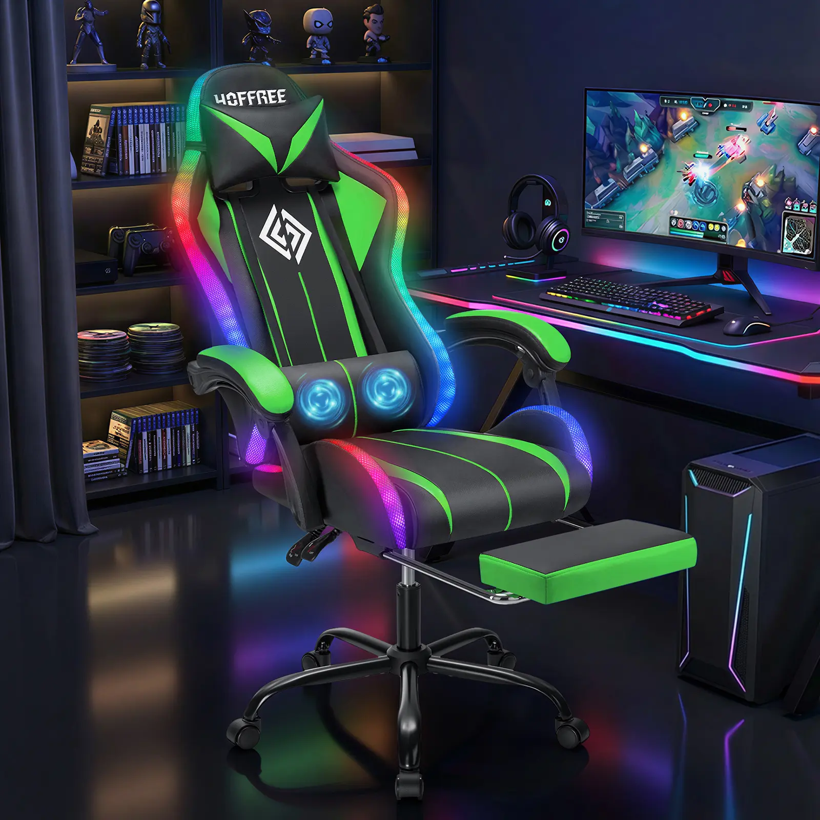 [No speakers] HOFFREE Gaming Chair with LED RGB Lights with Massage and Footrest Ergonomic Computer Chair High Back Video Game Chair with Adjustable Lumbar Support Linkage Armrest Green and Black