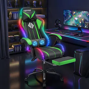 [No speakers] HOFFREE Gaming Chair with LED RGB Lights with Massage and Footrest Ergonomic Computer Chair High Back Video Game Chair with Adjustable Lumbar Support Linkage Armrest Green and Black