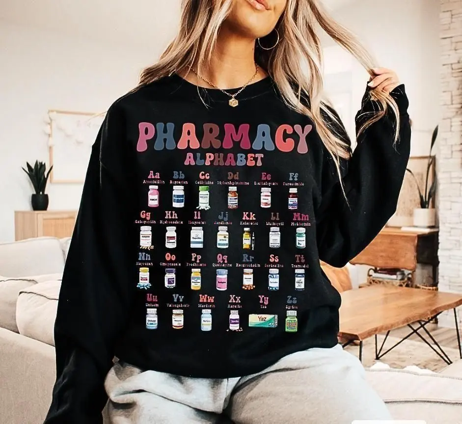 Pharmacy Alphabet Sweatshirt – Funny Pharmacist & Pharmacy Tech Sweater, ABC of Filling Prescription Meds, Unique Gift for Pharmacy Technicians