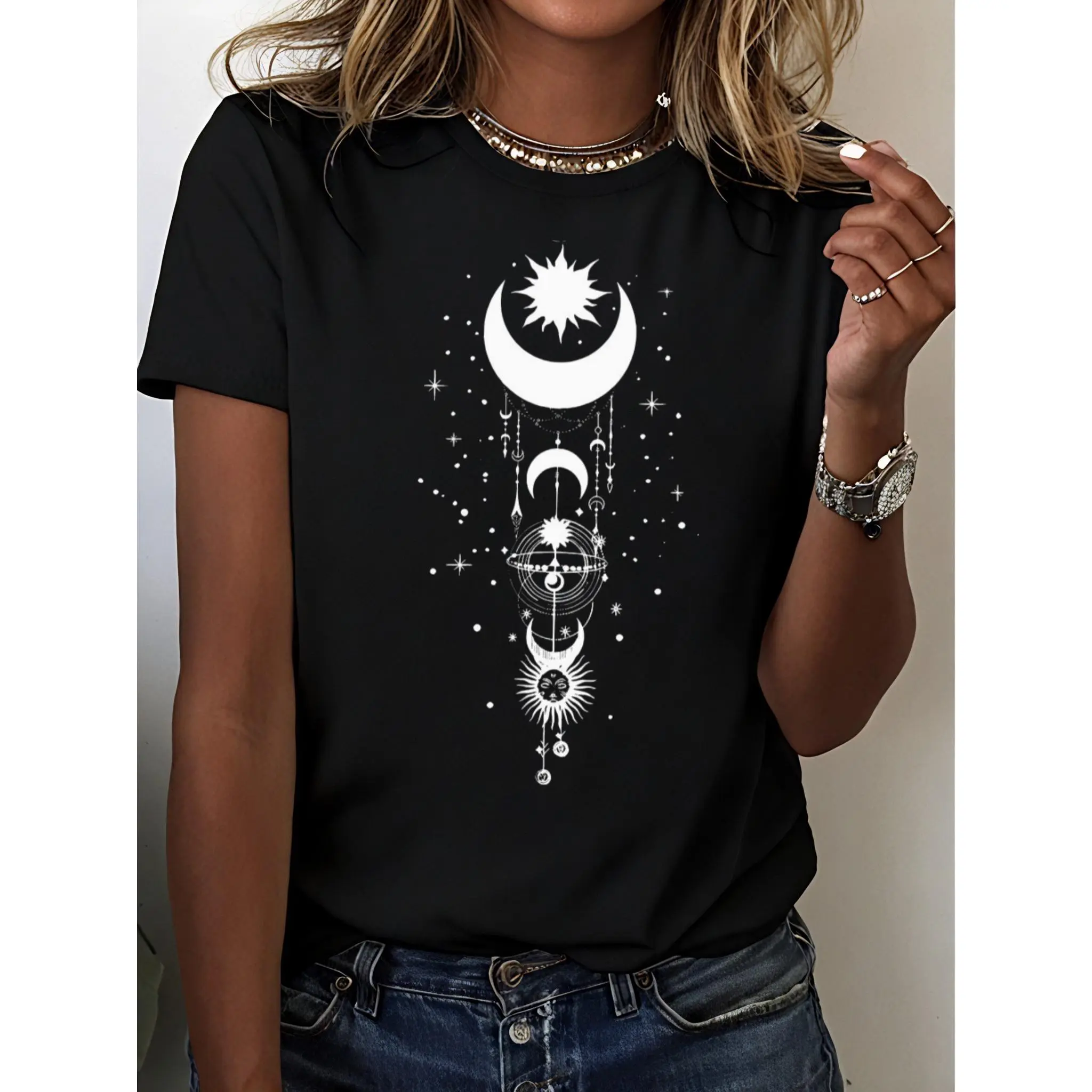 Women's 100% Cotton T-Shirt with a Celestial Sun and Moon Print, Casual Short-Sleeve Crew Neck Top for Summer Streetwear, Shortsleeve, Wedding, Thanksgiving, Easter, Fitted, Basics, Graphic, Figure, Round Neck