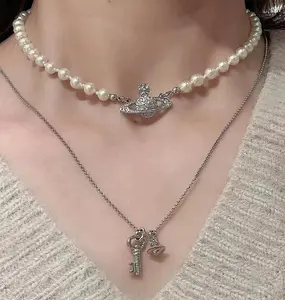 Y2K Pearl Planet Choker Necklace Set – Cute Layered Aesthetic Jewelry for Girls