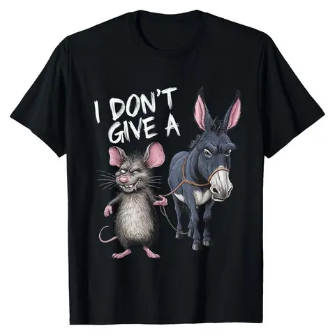 Funny "I Don't Care" Mouse and Donkey Graphic T-Shirt - 180g Cotton Vintage Loose Short Sleeve Crew Neck Casual T-Shirt, Machine Washable Humor Design