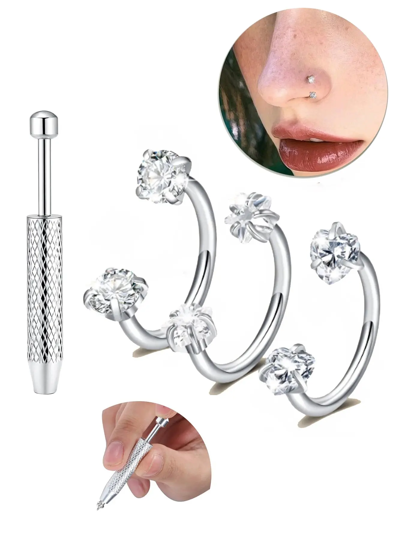 Horseshoe Nose Rings With Piercing Ball Grabber Tool, Heart Star CZ Internal Threaded Horseshoe Septum Ring Cartilage Tragus Earrings, Chic Body Jewelry, Labret Lip Hoops Hypoallergenic Stainless Steel 18 gauge 8mm Chic Body Piercing Jewelry