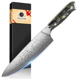 8 Inch Damascus Professional Kitchen Chef Knife, Gold Carbon Fiber Non-Slip Handle, Sharp Slicing Meat Knife, Durable Design