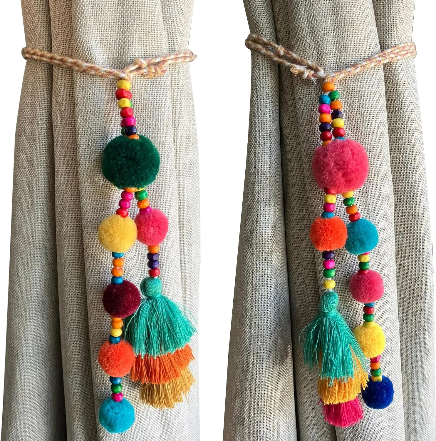 Boho Curtain Tiebacks - 2pcs Pompom & Tassel Boho Decor for Living Room - Colorful Beaded Tiebacks