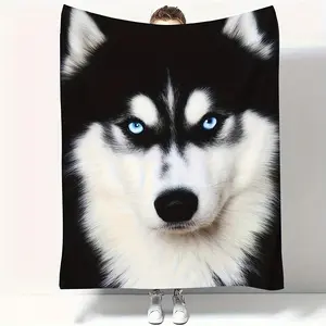 Contemporary Husky Print Flannel Fleece Throw Blanket, Hypoallergenic All-Season Knitted Polyester, Machine Washable, Tear Resistant, Multipurpose For Sofa, Bed, Camping, And Travel - 1Pc - Christmas Gifts