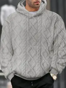 Men's Jacquard Hooded Pullover Sweatshirt, Thick Fitted Casual High Street Style, Long Sleeve Drop Shoulder Design, Fall & Winter Fashion