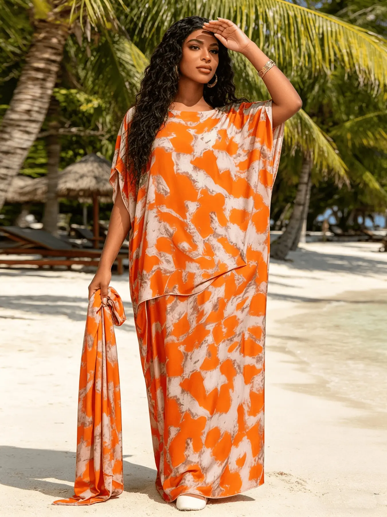 1 Robe+1 Scarf Orange White Blended Tie Printed Robe Dress Set Large Ship Collar Loose Flesh Covering Long Dress+1 Scarf Vitality Light Luxury Vacation Style Long Dress Elegant Vitality Vacation/Beach/Daily Flesh Covering and Slimming Two Piece Set