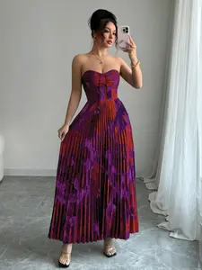 Women's Tie-Dye Slim-Fitting Dress, Elegant Spring Summer Women's Clothing, Full-Print Pleated Design, Perfect for Casual Wear