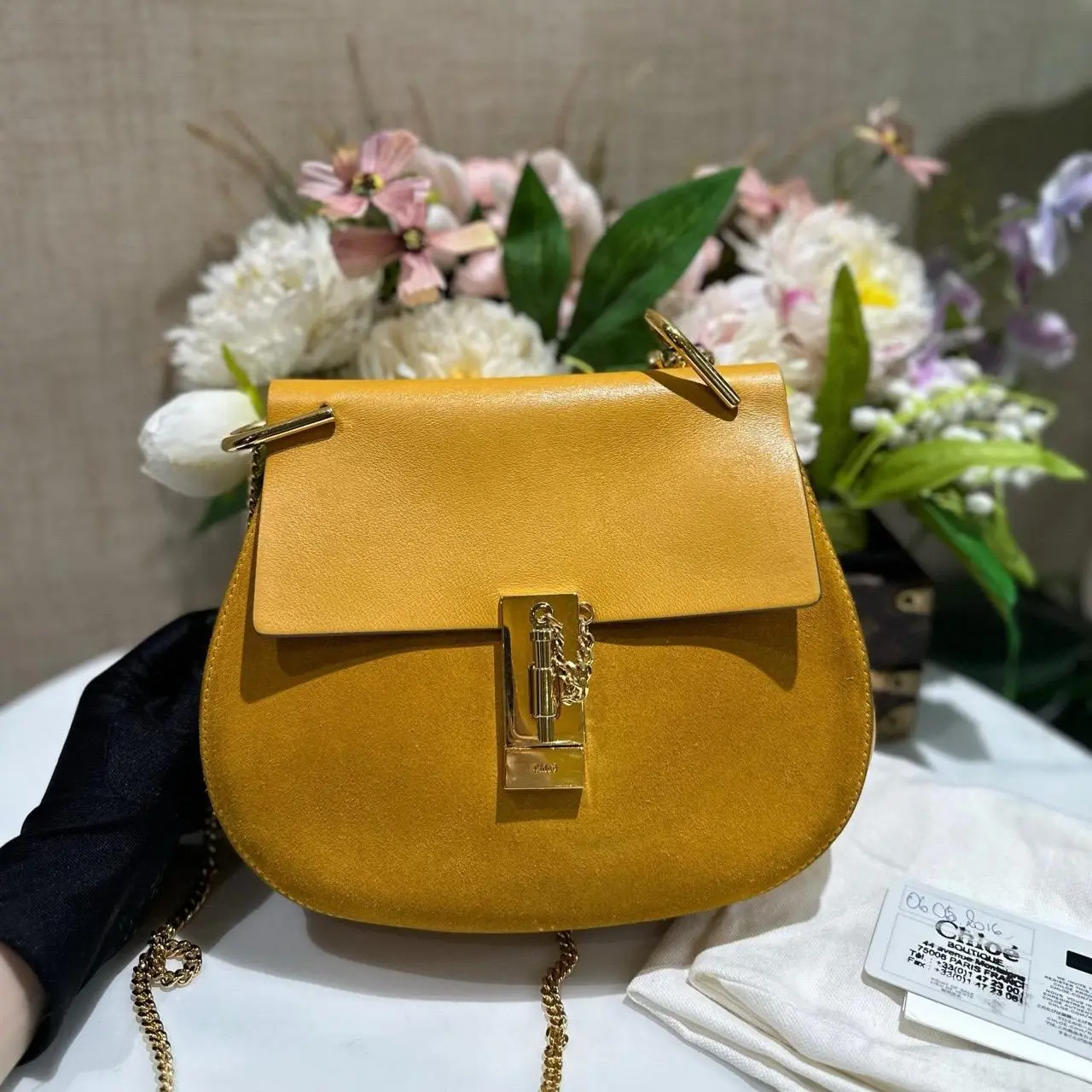 Pre-owned Chloé Drew Medium Yellow Suede Mixed Leather Crossbody Bag Gold‑Tone Hardware 233975