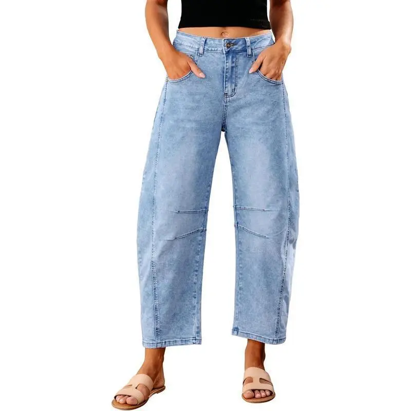Women's High-Waisted Short Barrel Jeans, Basic Button-Front Stretch Denim, Comfortable Wide-Leg Baggy Cropped Relax-Fit Ankle Pants for Beach Sports & Outdoor Activities, Stretchy
