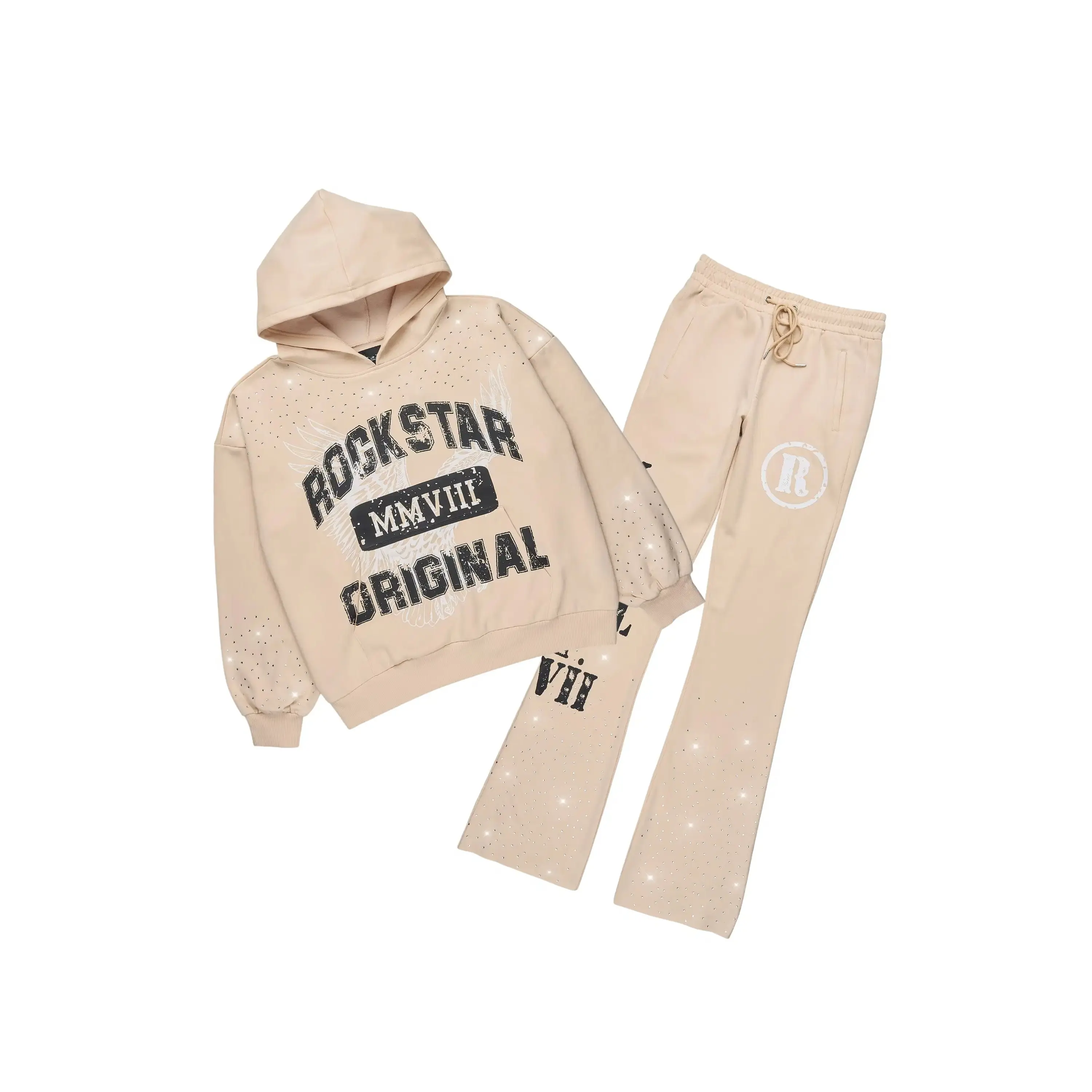 Borya Beige Rhinestone Hoodie/Stacked Pant Track Set