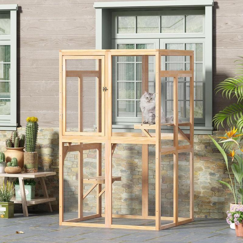 COZIWOW Outdoor Wooden Cat House Enclosure with Window, 3 Spacious Platforms, Weatherproof Wood, 39.4 x 33.3 x 63.8 Inches