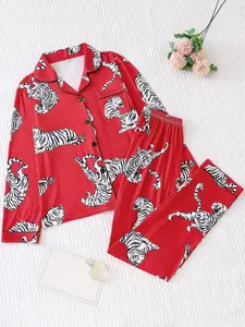 Women's Tiger Print Pajama Set, Long Sleeve Button-Up Top & Elastic Pants, Casual Fall Winter Sleepwear, Comfortable Home Wear