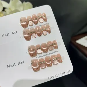 10pcs high-end Pink cat-eye bow handmade coffin French tips fake nails, Nail decoration patches for girls handmade fake nails Glossy False Nails