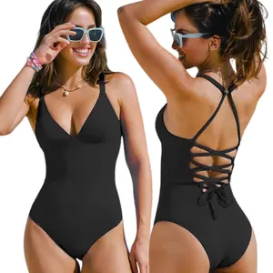 Women Casual Plunging Swimsuit Lace-Up Back Tummy Control Adjustable Straps One-Piece Summer Beach Swimwear(S-XL) Bathing Suits