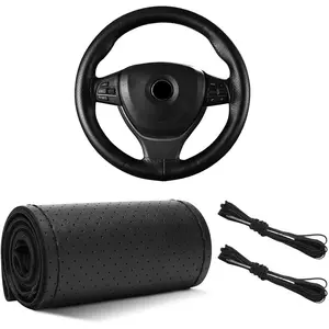 Leather Steering Wheel Cover, 15"*15" Breathable Steering Wheel Cover DIY Kit with Needle Thread, Non-Slip Leather Stitch on Wrap Steering Wheel Protector, Car Accessories (Black)