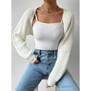 Women's Solid Raglan Sleeve Open Front Crop Shrug Cardigan, Casual Long Sleeve Knitwear for Spring & Fall, Fashion Women's Knit Clothing for Daily Wear