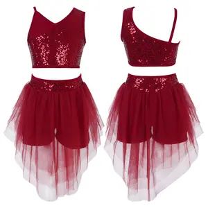 Kids Girls Dance Clothes 2pcs Sleeveless V Neck Sequins Crop Top and Mesh Skirt Set Dancewear Shorts Ballerina Dress