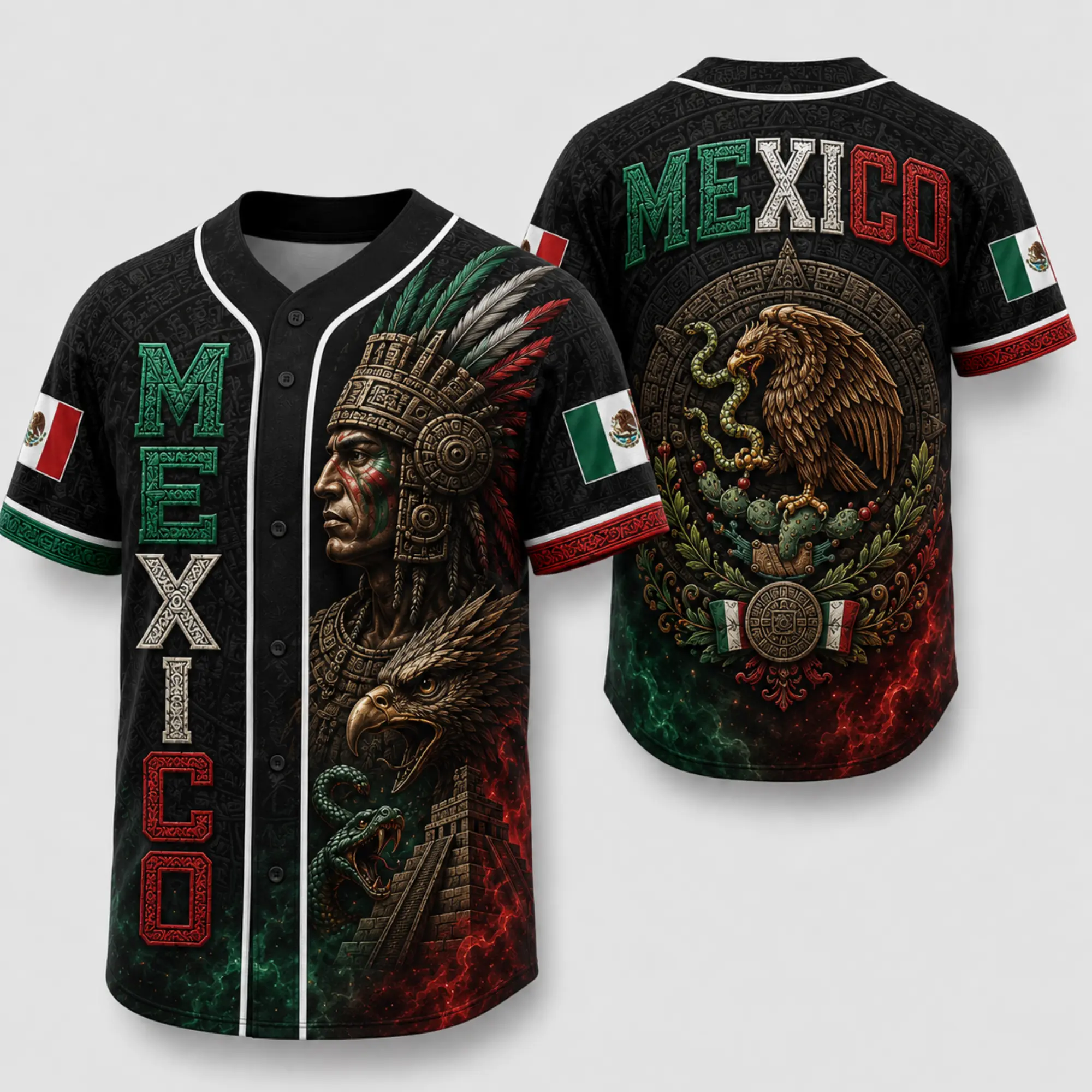 Unisex Mexico Aztec Warrior 3D All-Over Print Sports Button   Jersey, Vintage Mexican Flag Eagle and Snake Graphic Clothing, Cinco de Mayo Patriotic Heritage   Gift, Edition Men's Style Summer Sportswear, Limited Women Shirts
