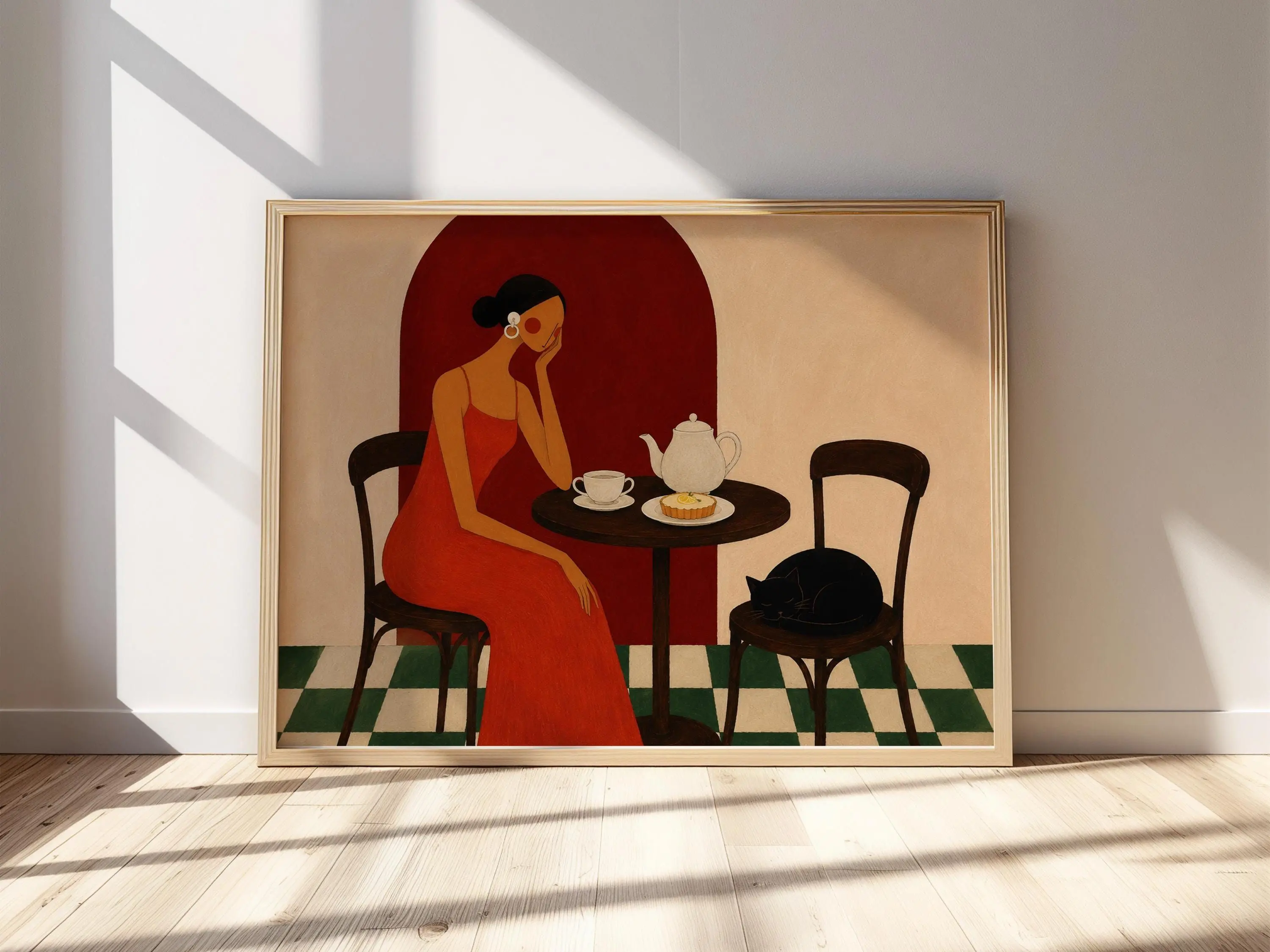 [SALE UP TO 40%] [Unframed] Dark Academia Art Print, Woman with Tea & Cat, Moody Café Wall Decor
