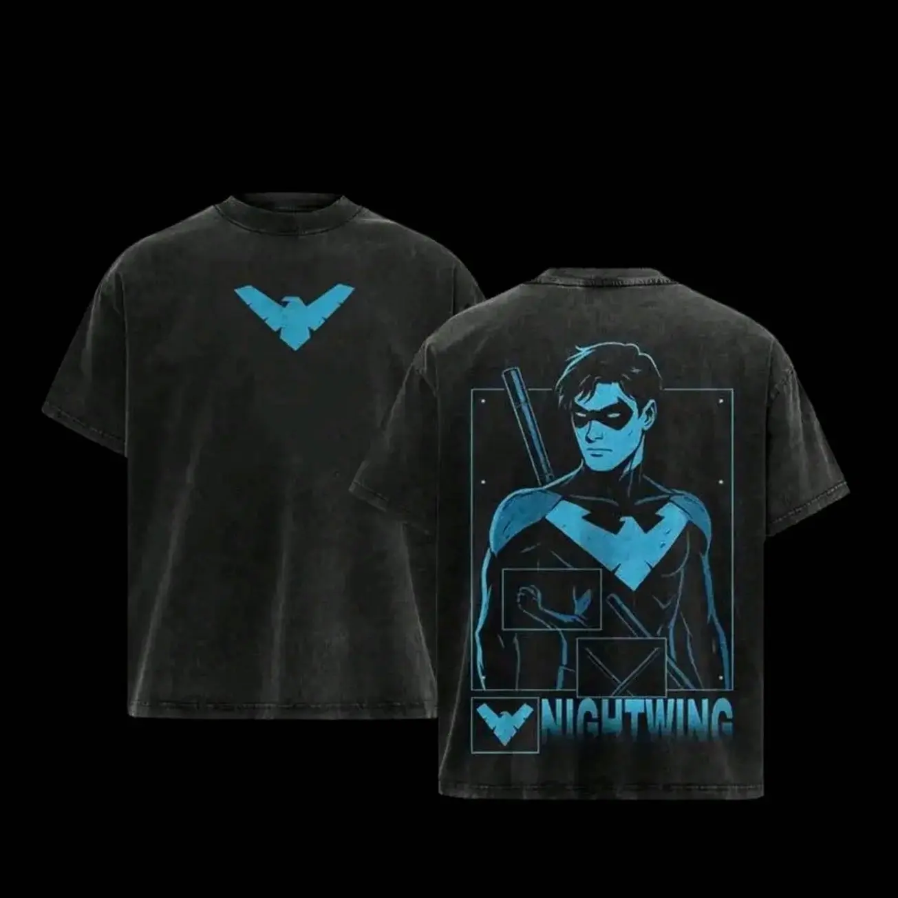 Heavyweight Vintage Wash Short Sleeve T Shirt Nightwing Blue Logo Double Sided Print Comic Hero Graphic Top Mens Oversized Streetwear Casual Daily Hip Hop Outfit Adult Fan Fashion Apparel 6R9