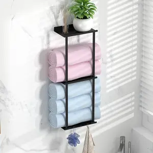Wall-Mounted Towel Rack with Shelf and Hooks, Bathroom Organizer, Space-Saving Bathroom Towel Storage Essential, Must-Have Bathroom Accessory