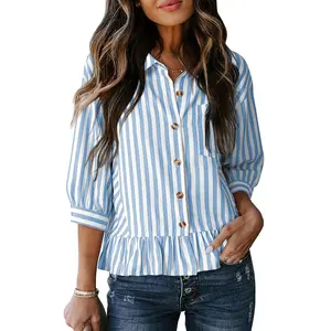EncoLax Cropped Button Down Striped Shirt 3/4 Length Sleeve Womens Tops Dressy Casual Blouses Babydoll Tops