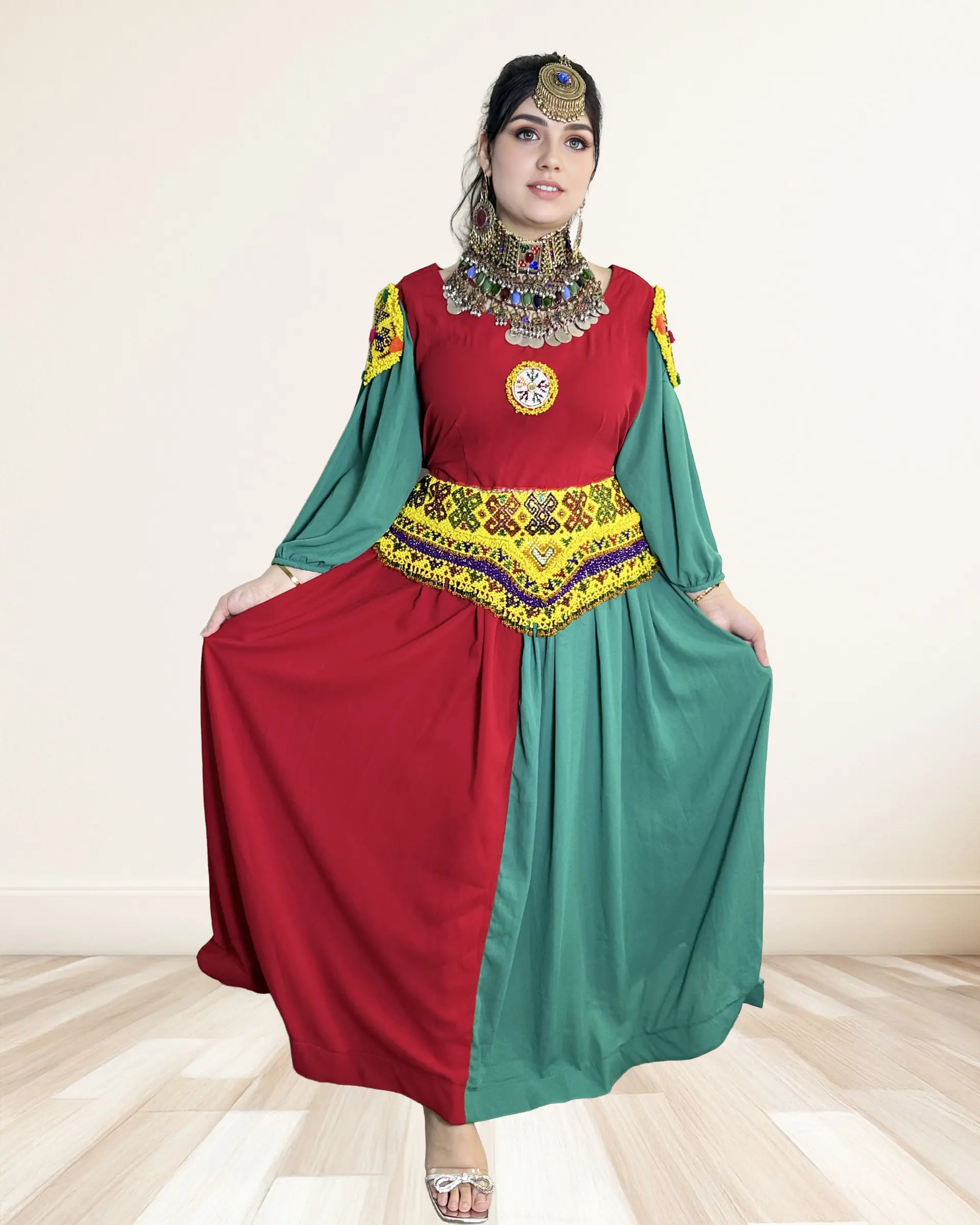 Women's Red and Green Modest Long-Sleeve Afghan Wedding Dress with Yellow Embroidered Waist, Formal Wedding Costumes, Women's Clothes