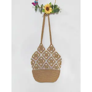This women's backpack features a contrasting granny check design and is a hand-crocheted shoulder bag, making it the perfect Mother's Day gift.