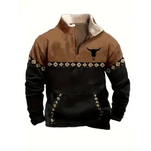 Men's Aztec Western Fleece Jacket Cowboy Bull Head Print Pullover 1/4 Zip Stand Collar Fall Long Sleeve with Front Pocket Vintage Tops Coats Fabric