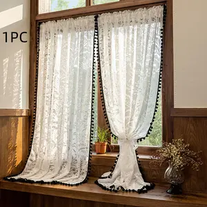 1pc American Country Style Window Curtain, Velvety Plant Print, Faux Fur Fringe Trim, Soft Texture, Suitable for Farmhouse Kitchen