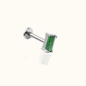 Rectangle Green CZ Threadless Labret Titanium Flat Back Earring