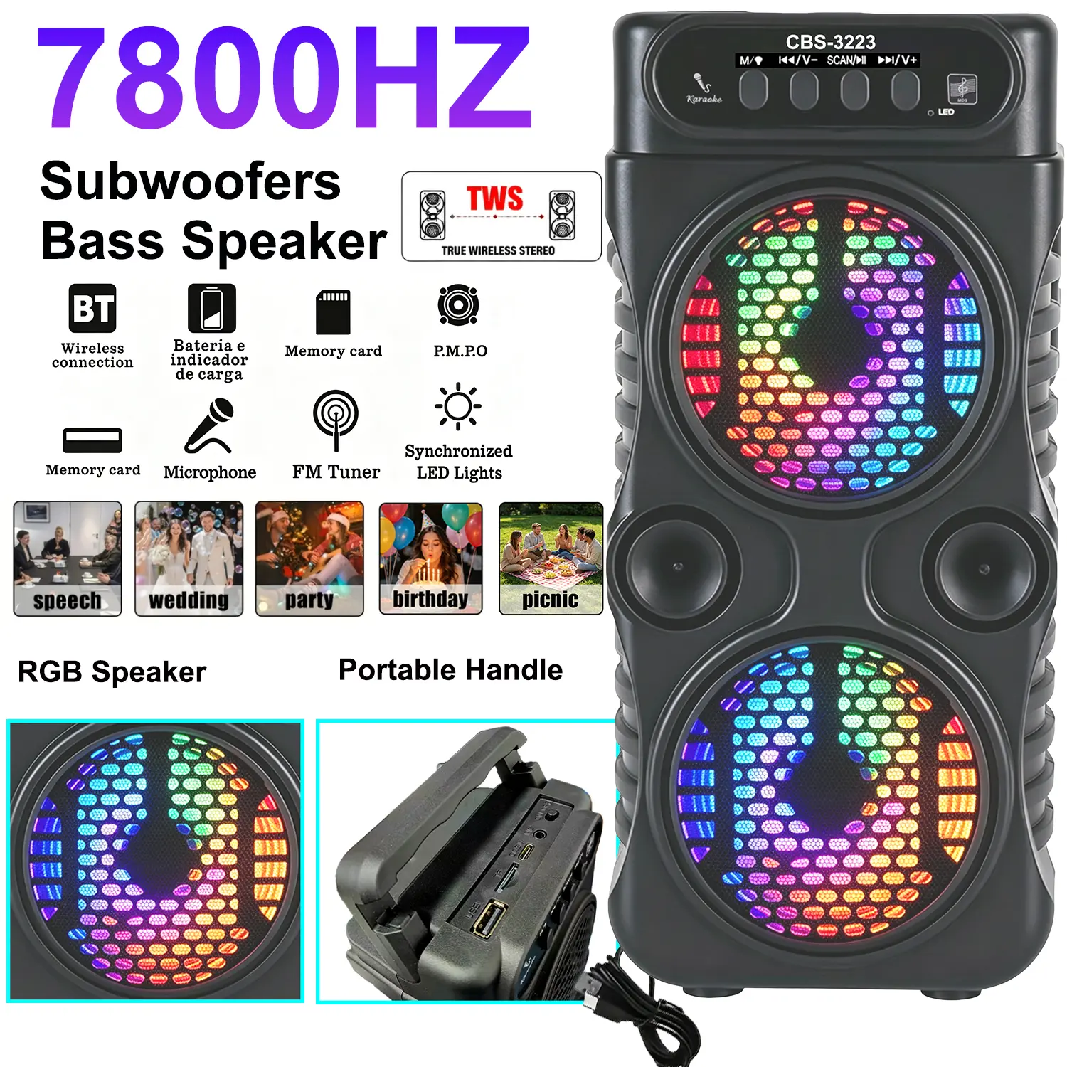 7800Hz Wireless Speaker with Microphone Support, Portable Subwoofer Party Speaker, Built-In LED Lights. Supports Wireless, USB, TF Card, AUX, FM, TWS, Microphone, And Equalizer Functions, Ideal for Professional Karaoke. Perfect Gift for Birthdays