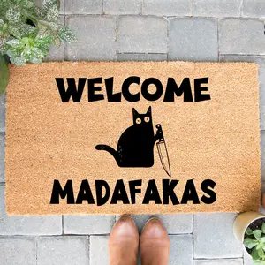 Doormat Welcome Madafakas Mufka Black Cat Knife Cats Welcome Mat Funny Doormat Gift For Her Unique  4092zz