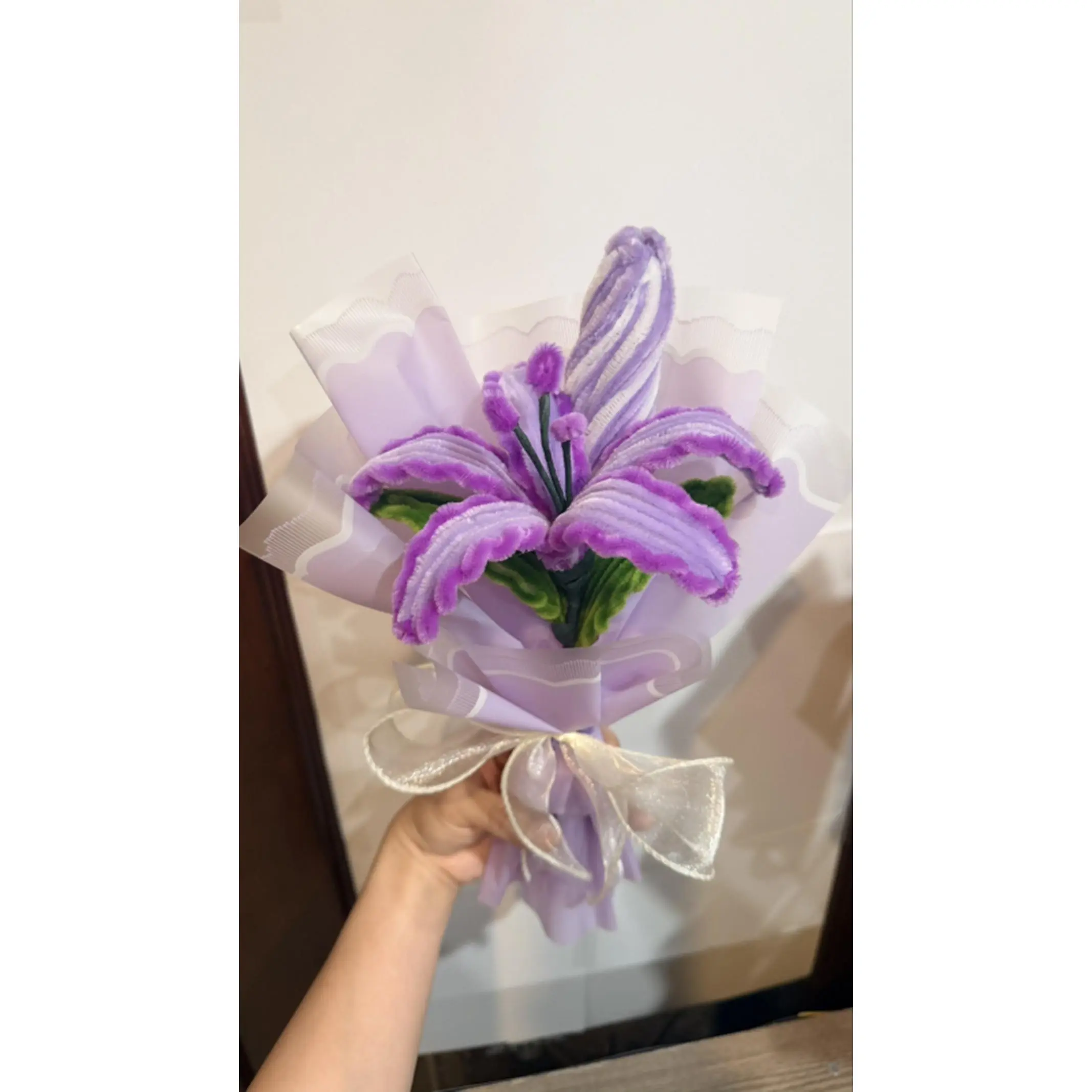 Custom Small Bouquet with Purple Lily and White Ribbon