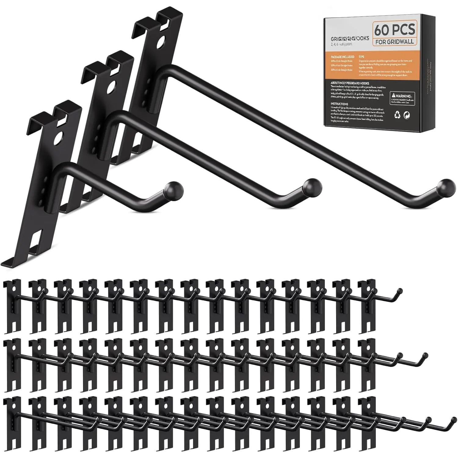 2/4/6 Inch Gridwall Hooks, 60 Pack Heavy Duty Black Display Hooks for Grid Wall Panels, Grid Wall Accessory for Storage Display Clothes in Retail Shop Garage